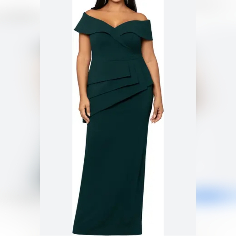 New $278 XSCAPE Off the Shoulder Scuba Crepe Column Gown Pine 14W Sold O…
